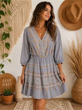 Savanna Jane | Dresses | Savanna Jane Embroidered Floral Striped Denim Dress Size S Boho Beach Western